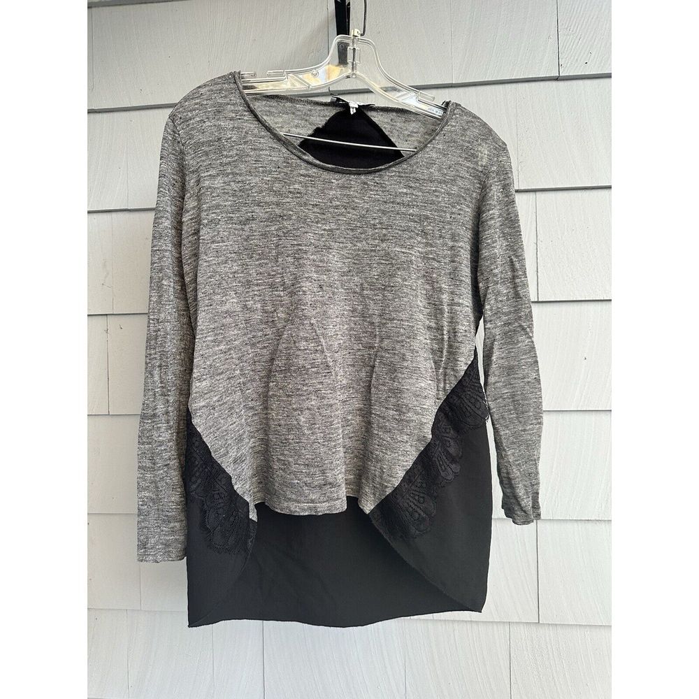 Sandro Linen Lace High Low Long Sleeve Grey & Black Lightweight Shirt Sz L